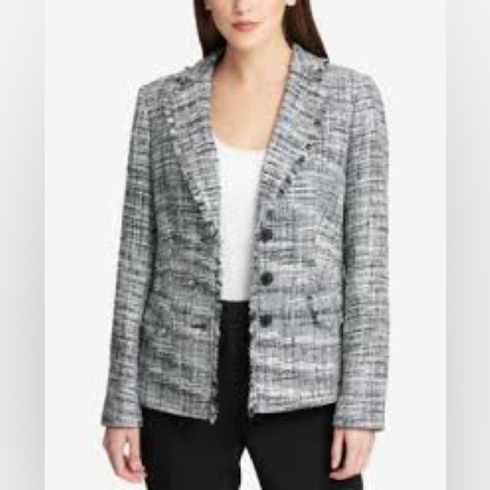 NWT DKNY Black and White Tweed Blazer with Fringe, Size 6